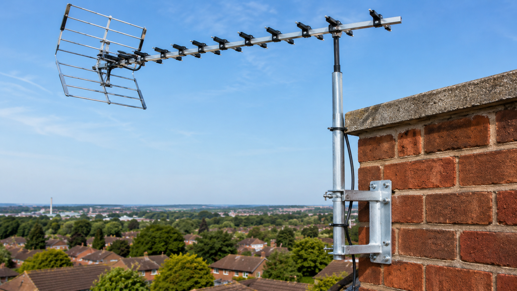 Chimney mounted TV aerial for signal reception in Bedworth