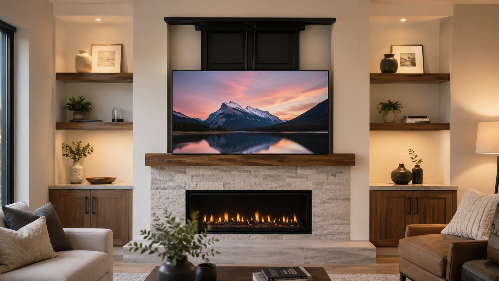 Neatly wall mounted TV above a fireplace with tidy finish