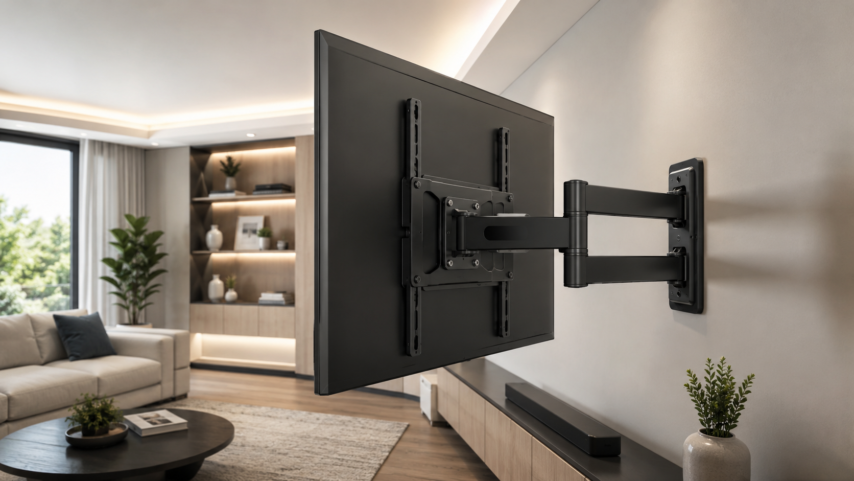 Close up of an adjustable TV wall bracket installation