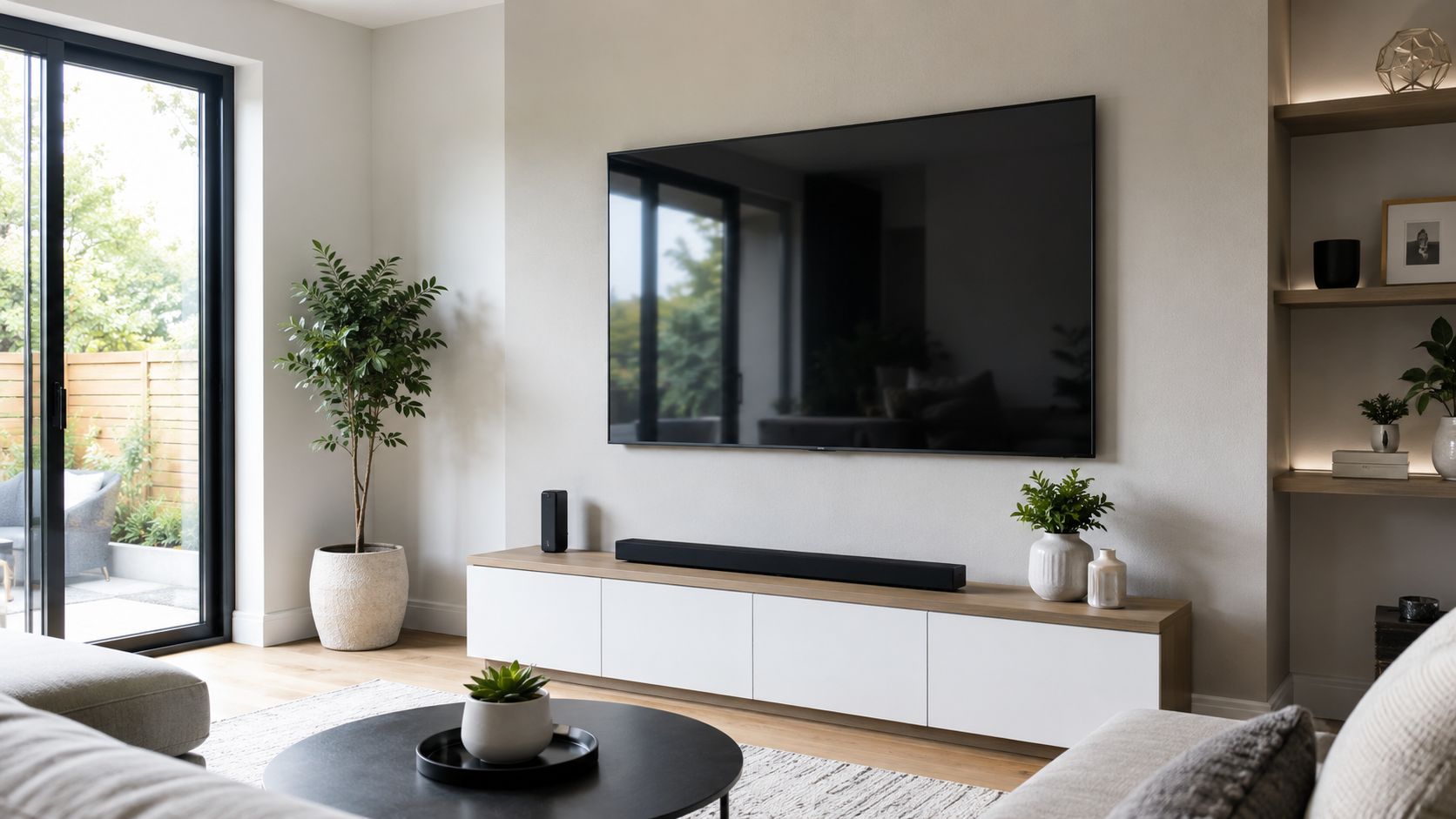 Wall mounted flat screen TV in a modern Bedworth living room